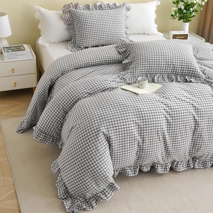 Silnuo Grey/White Checkered Ruffle 3-Piece Duvet Cover Set Queen Size, Washed - Image 2