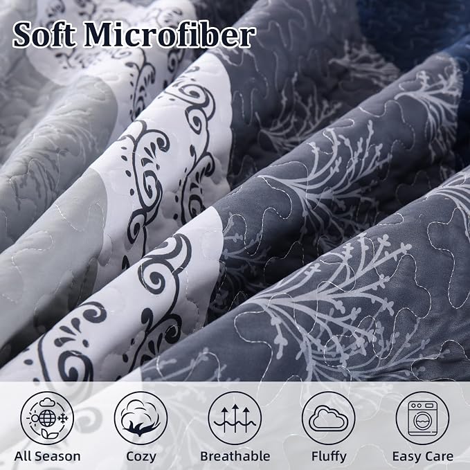 DJY Stripe Quilt Set Queen Size Navy Blue Bedspread Coverlet Set 3 Pieces Boho - Image 5