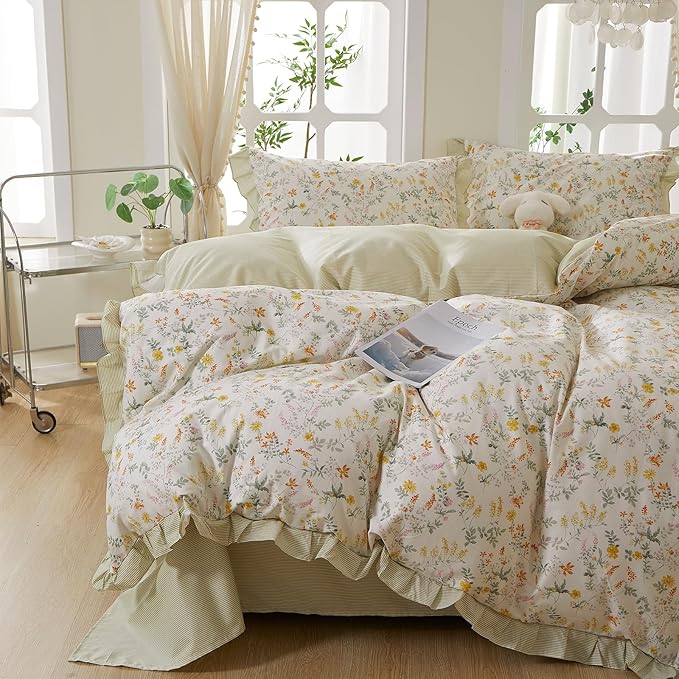 mixinni 100% Cotton Duvet Cover Set Queen, Reversible Spring Floral Ruffle by mixinni