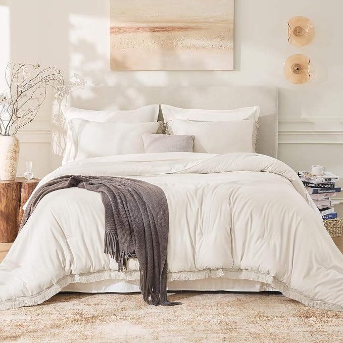 Andency King Size Comforter Set Beige, 3 Pieces Boho Lightweight Tassel Fluffy - Image 2
