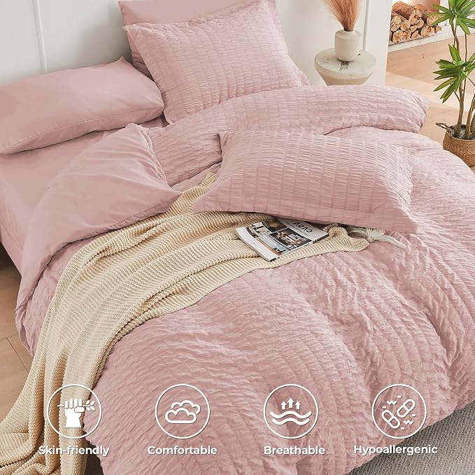 HYMOKEGE Rose Gold Duvet Cover Queen Size, Ultra Soft 3-Piece Seersucker Duvet - Image 3