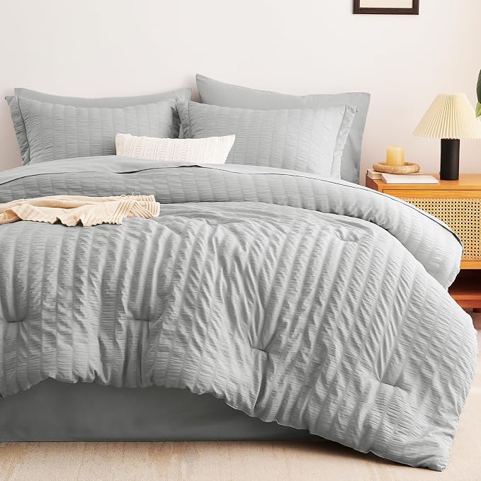 CozyLux King Size Comforter Set Light Grey Seersucker 7 Pieces Bed in a Bag - Image 9