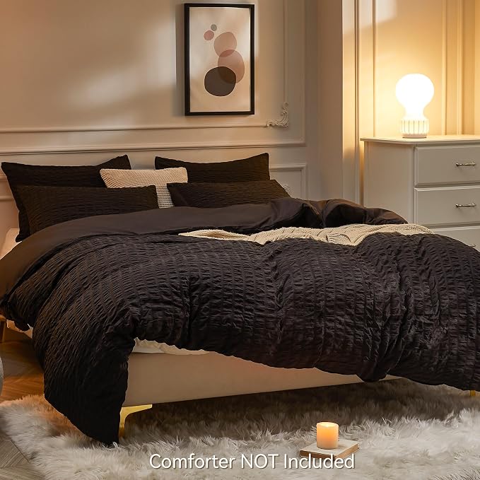 JELLYMONI Black Duvet Cover King Size, Soft Breathable Seersucker Duvet Cover - Image 3