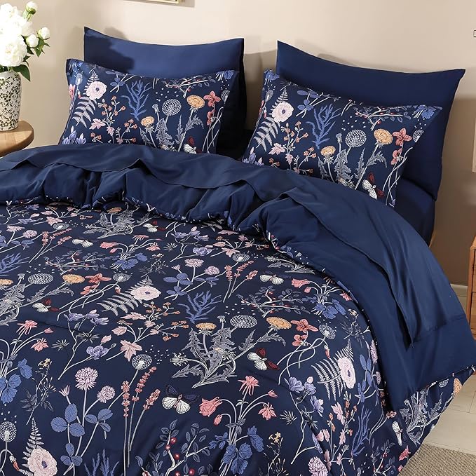 Yiran Queen Comforter Set, 7 Pieces Navy Blue Floral Soft Bedding Sets - Image 5