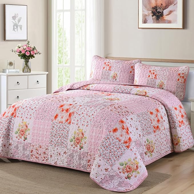 Mybedsoul Patchwork Quilts Queen Size, Soft Pink Boho Floral Queen Bedspreads - Image 2