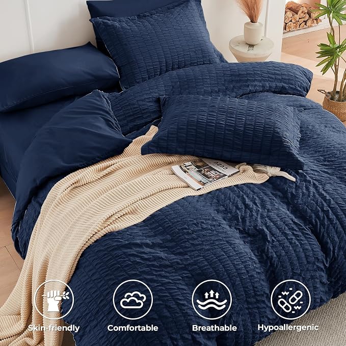 HYMOKEGE Navy Blue Twin XL Comforter Set Seersucker 5 Pieces, All Season Luxury - Image 3