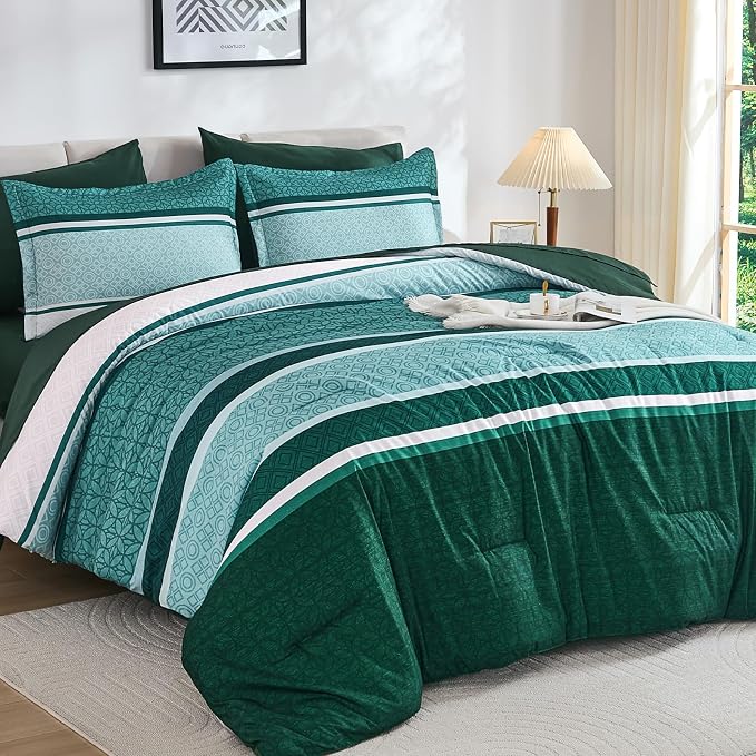WONGS BEDDING 7 Pieces Comforter Set Queen Size, Emerald Green Boho Soft by WONGSBEDDING