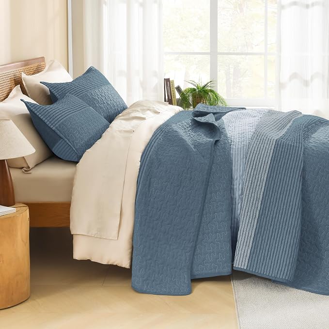 Litanika Quilt King Size Blue Linen, Stripe Patchwork Summer Bedspread Coverlet - Image 2