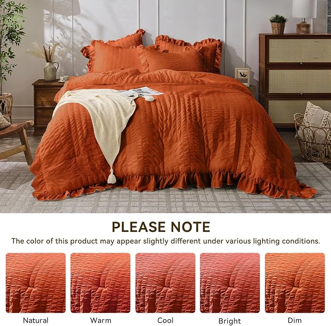 JOLLYVOGUE Burnt Orange Queen Comforter Set, 3 Pieces Seersucker Comforters - Image 9