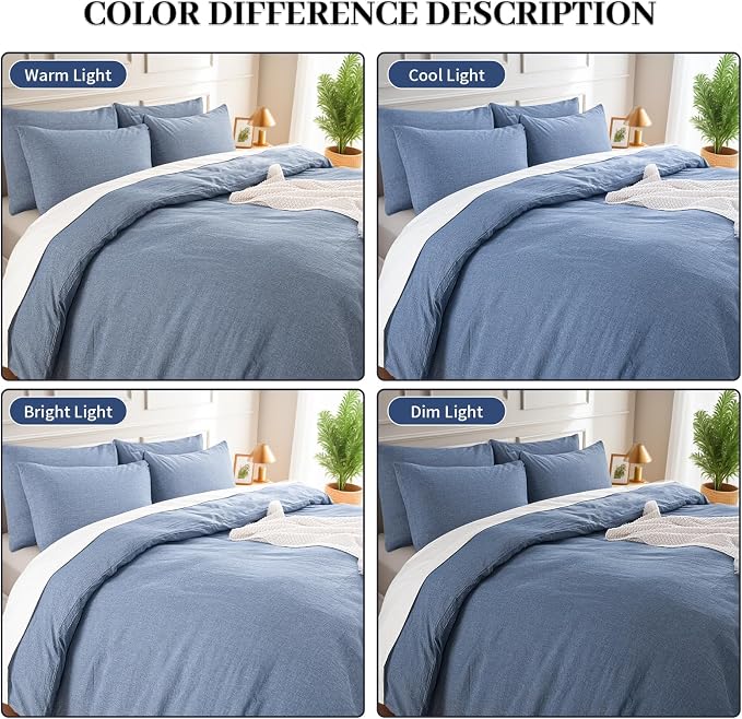 NEXHOME PRO Duvet Cover Full 100% Washed Cotton, Heathered Blue Breathable - Image 4