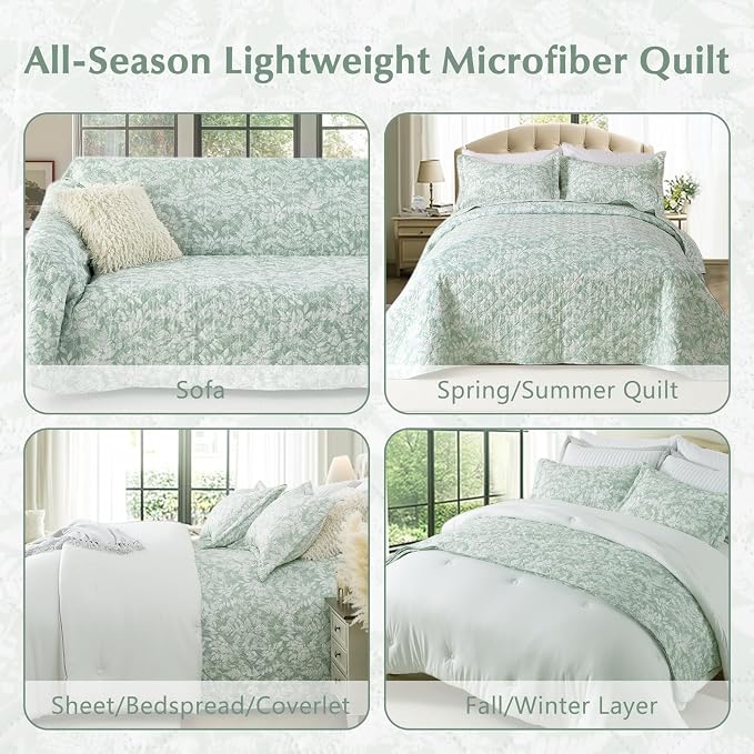 GOONE XL King Quilt Set 106"x96", Sage Green Leaf Botanical Boho Bedspread - Image 5