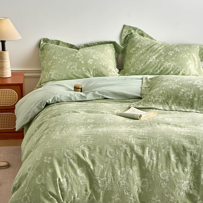 mixinni 100% Washed Cotton Cover Set, Reversible Vintage Green Floral Butterfly - Image 7