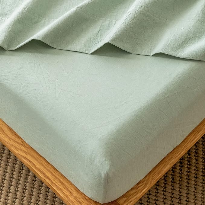 MooMee Fitted Bottom Sheet Only 100% Washed Cotton Linen Like Textured by MOOMEE
