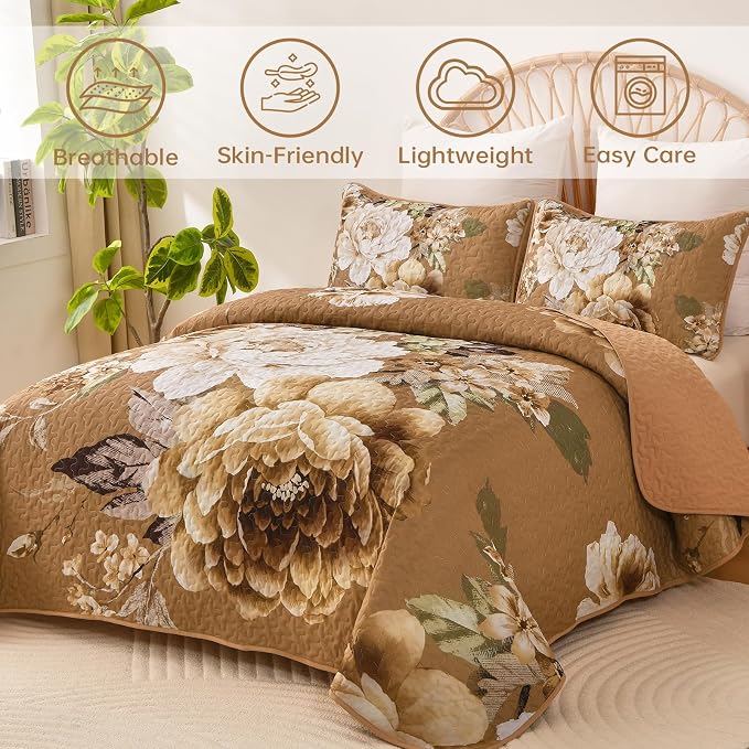 WONGS BEDDING Brown Floral Quilt Set King, 3 Pieces Reversible Lightweight - Image 2