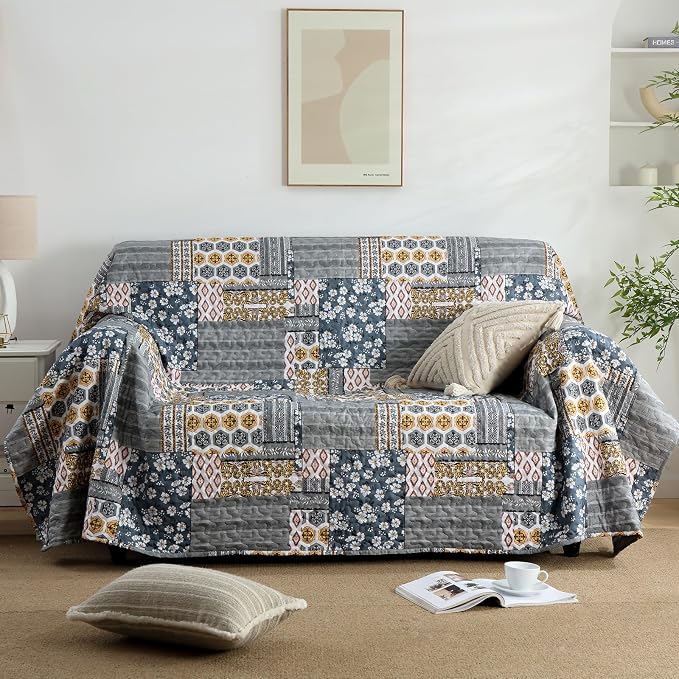 Mybedsoul Dark Grey Quilt Set King Size, 3 Pieces Plaid Floral Bedspread Set - Image 6