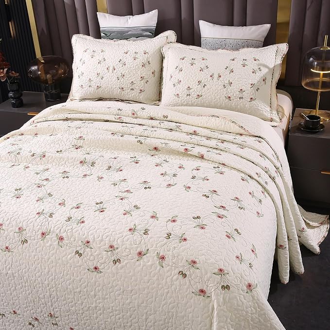 Quilt Set Floral Leaves 3D Embroidery Pattern 3 PCS Cotton Reversible Quilted by ROOMLIFE