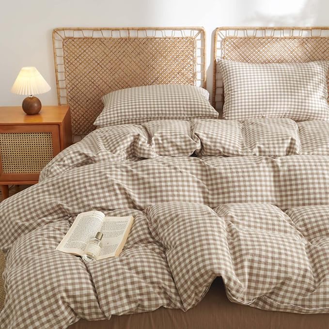 Nayoroom Gingham Duvet Cover King Size 100% Washed Cotton Brown Tan Plaid by Nayoroom