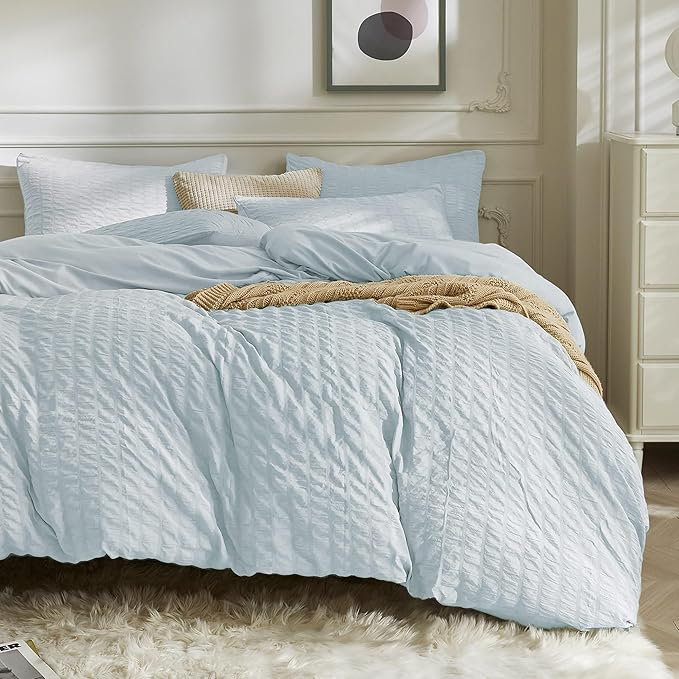 JELLYMONI Baby Blue Duvet Cover King Size, Soft Breathable Seersucker Duvet by JELLYMONI