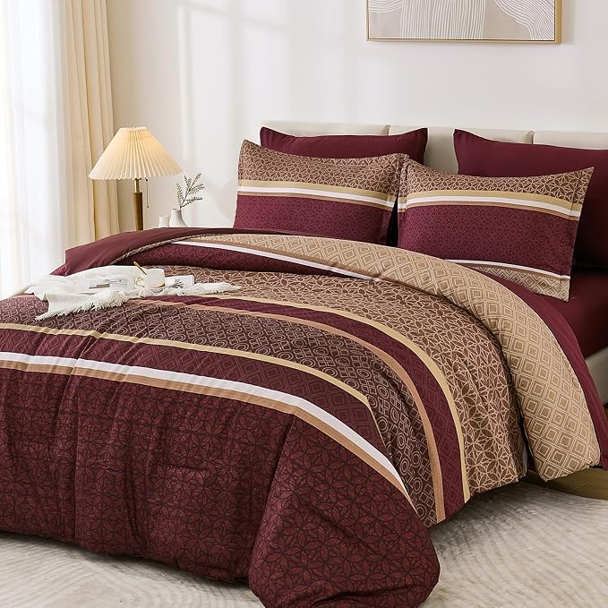 WONGS BEDDING Burgundy Comforter Set King Size, 7 Pieces Maroon Striped Bed in - Image 3