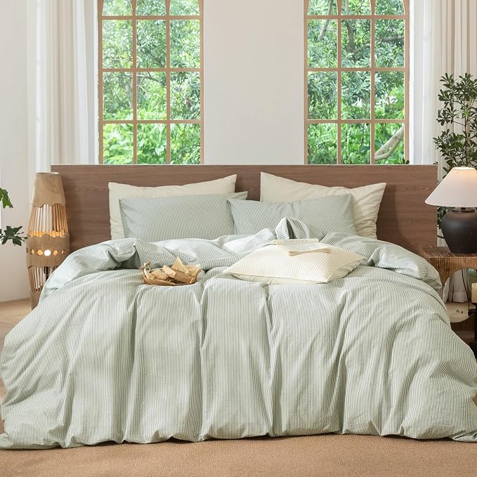 MooMee Striped Duvet Cover Set 100% Washed Cotton Linen Like Textured by MOOMEE