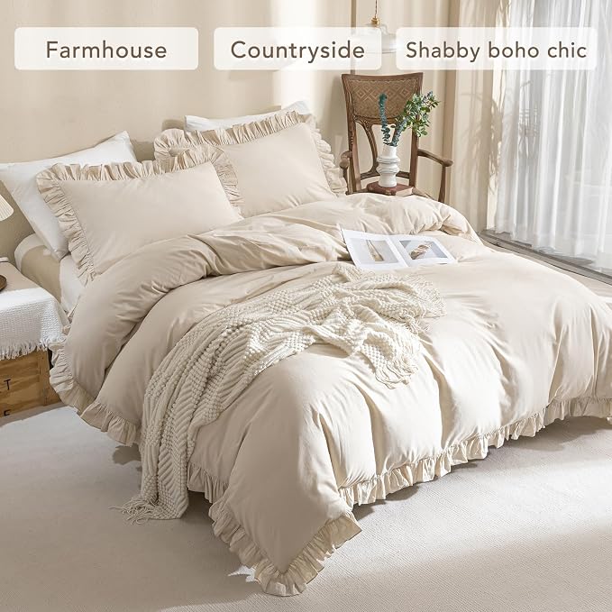 QSH Washed Cotton Queen Duvet Cover Set Ruffle Duvet Cover Linen Textured - Image 4