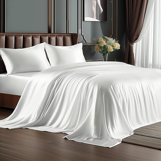 BEDELITE Satin Sheets Full Size Bed Set, Luxury Soft White Silky Sheet by BEDELITE