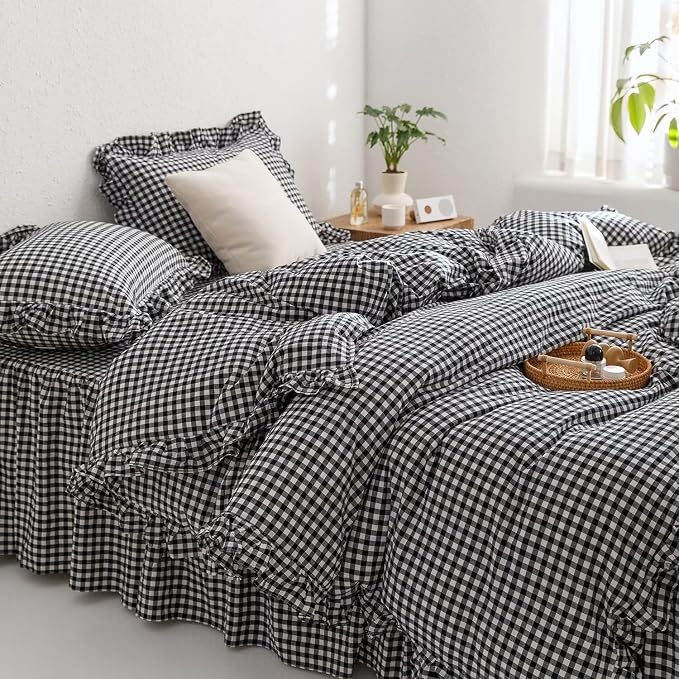 MKXI Black and White Gingham Duvet Cover Twin, 3-Piece Ruffled Bedding Set by MKXI