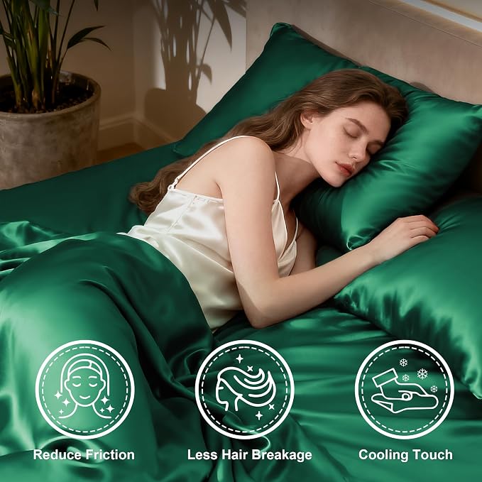 Love's cabin 4Piece California King Satin Bed Linen Set, Dark Green Silky Satin - Image 3