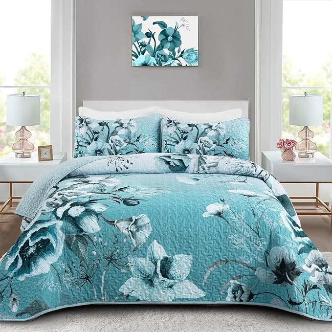 Blue Floral Quilt Set King Size 3 Pieces Boho Flower Quilt Coverlet Set Soft by DRUCON