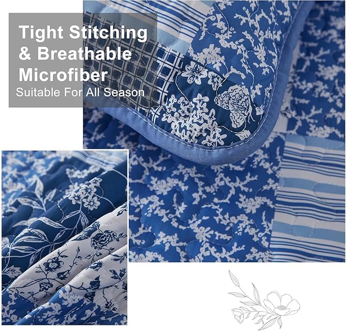 Mybedsoul Blue Quilt Set Twin Size, 2 Pieces Plaid Floral Bedspread Set - Image 3