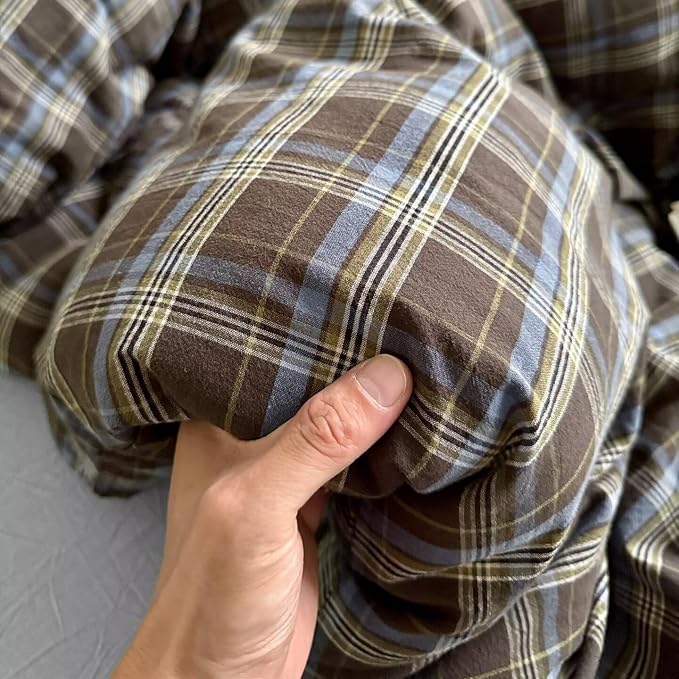 PinkMemory Brown Blue Gingham Buffalo Plaid Duvet Cover King 100% Washed Cotton - Image 7