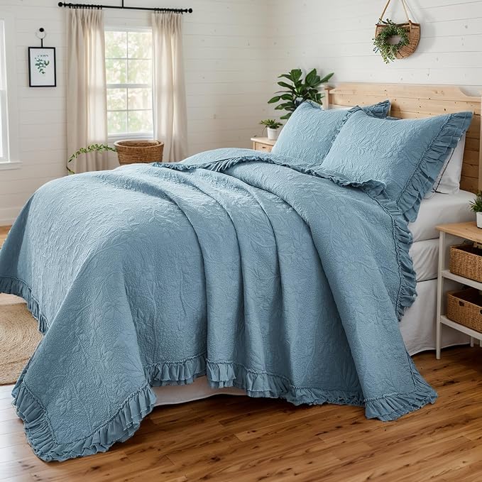 Brandream Luxury 100% Cotton Quilt Set Queen Size Blue Floral Vine Matelasse - Image 2