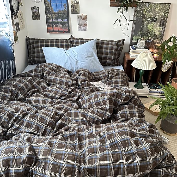 mixinni Vintage Brown & Blue Buffalo Plaid Duvet Cover Set Twin XL Size - Image 2