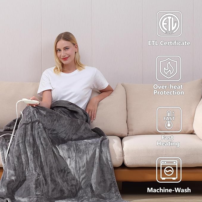 Tefici Electric Heated Blanket Throw, Super Cozy Soft 2-Layer Flannel 50" x 60" - Image 2