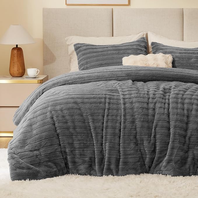 BEDELITE Fleece Twin Comforter Set -Super Soft & Warm Fluffy Grey Faux Fur by BEDELITE