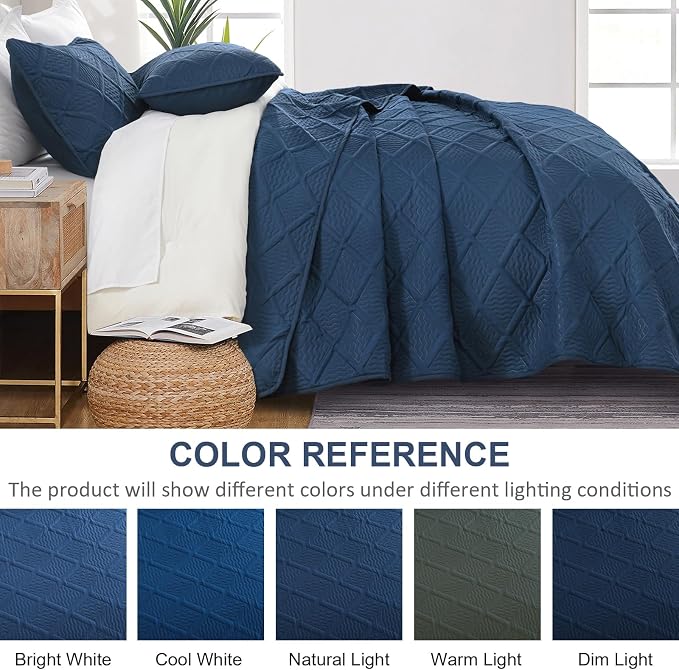 Yiran Navy Blue Quilt Set King Size Fall Bedspreads Embossed Diamond Pattern 3 - Image 7