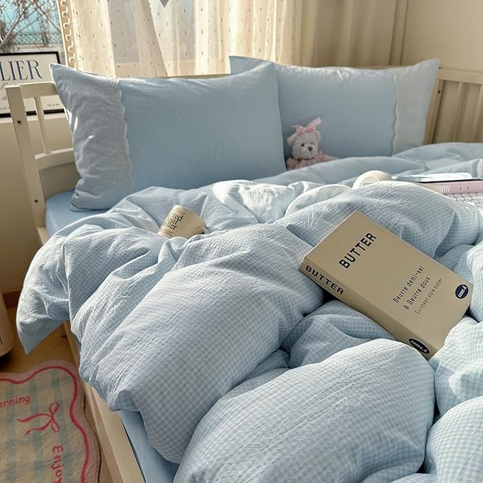 mixinni Blue Gingham Duvet Cover King Size by mixinni