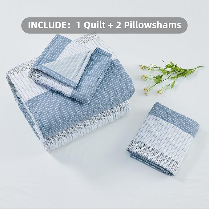 Andency Queen Quilt Bedding Set Misty Blue, 3 Pieces Patchwork Summer Striped - Image 6