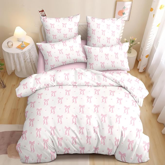 Nayoroom Pink Bow Duvet Cover Queen Size Heart Duvet Cover Coquette Bedding Set by Nayoroom