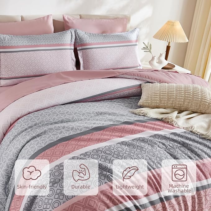 WONGS BEDDING Pink Queen Comforter Set 7 Pieces, Boho Striped Bed in a Bag - Image 4