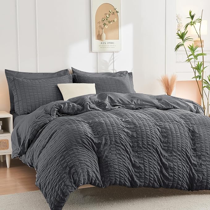 HYMOKEGE Dark Grey Twin Size Duvet Cover, Ultra Soft 2-Piece Seersucker Duvet - Image 4
