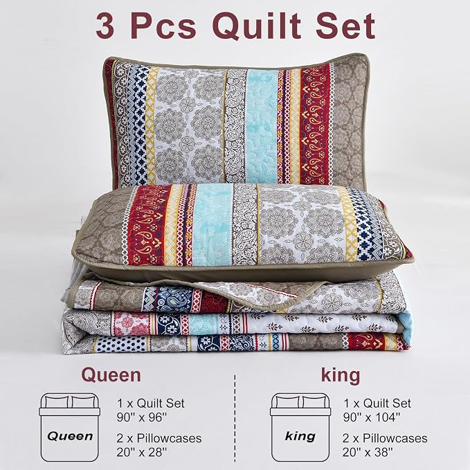 WONGS BEDDING Boho Quilt Set King Size, Lightweight Microfiber Bedspread - Image 7
