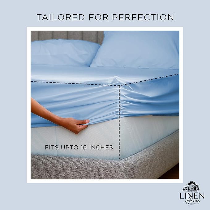 Linen Home 100% Cotton Percale Weave King Fitted Sheet Only, Baby Blue - Image 3
