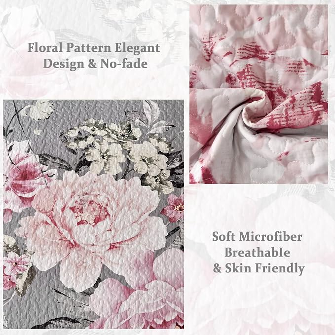 WONGS BEDDING Floral Quilt Set King, 3 Pieces Reversible Elegant Pink Flower - Image 4