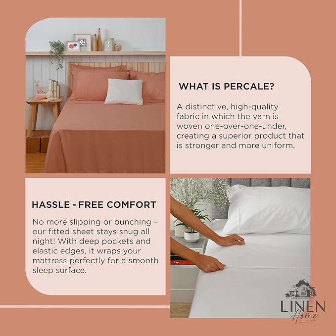 Linen Home 100% Cotton Percale Weave Fitted Sheet, Full Size, Tera Clay - Image 4