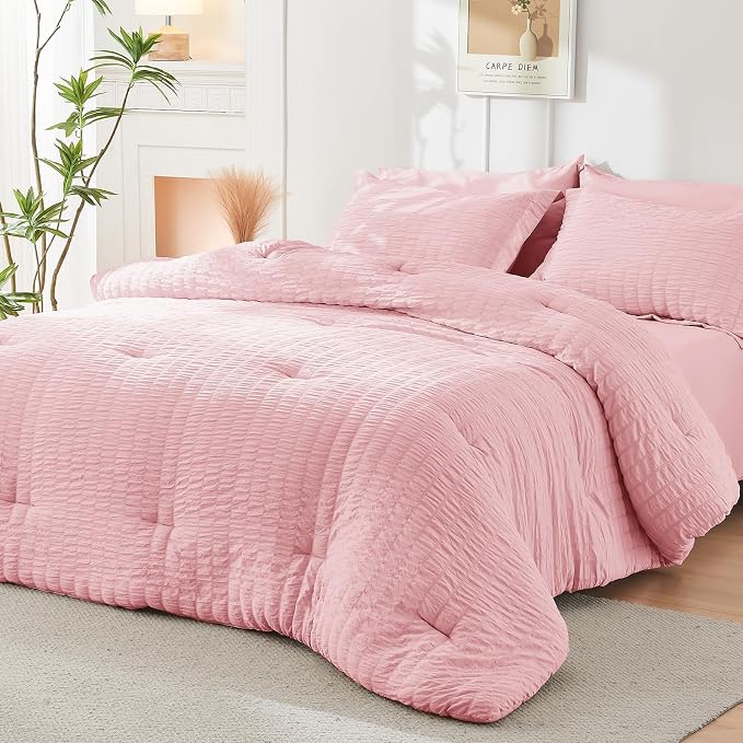 HYMOKEGE Pink California King Comforter Set Seersucker 7 Pieces, All Season - Image 8