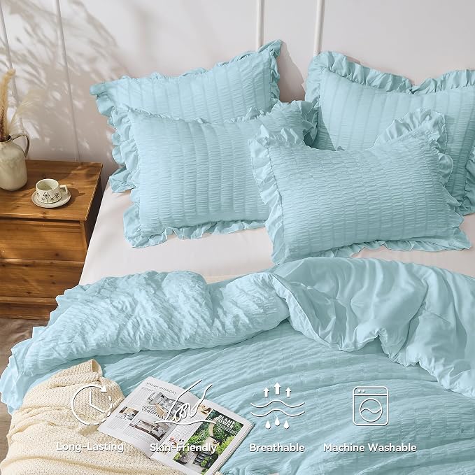 JOLLYVOGUE Blue Comforter Full Size, 3 Pieces Seersucker Lightweight Full Size - Image 2