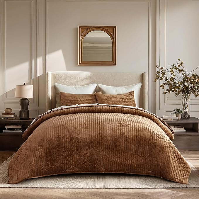 EVERGRACE Velvet Quilt Set Queen Size, Luxurious Soft Striped Channel Bedding by EverGrace