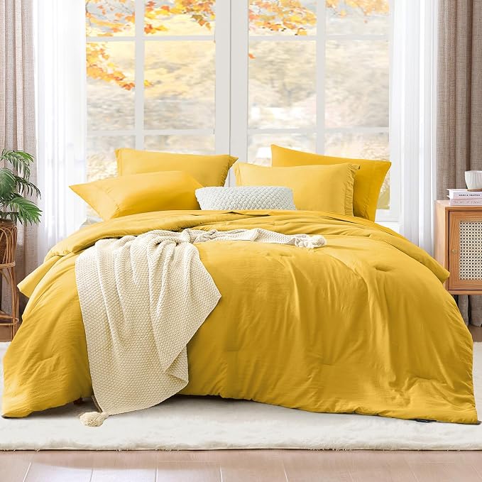 WRENSONGE Queen Comforter Set- 7 Pieces Soft Yellow Bed in a Bag Queen - Image 2