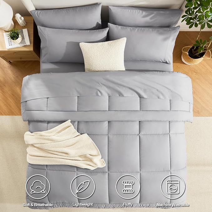 CozyLux Full Size Comforter Sets Grey, 7 Pieces Bed in a Bag, All Season - Image 2
